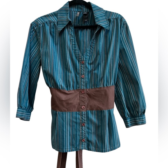 Bisou Bisou Teal and Brown Striped Blouse - Picture 1 of 4